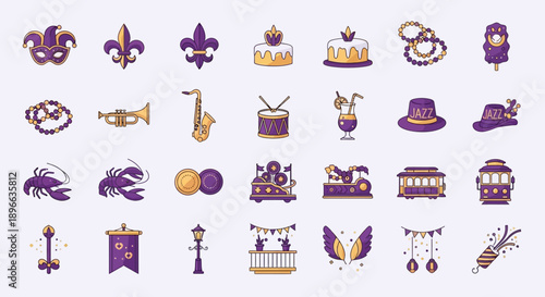 A vibrant collection of flat design icons representing various symbols and elements of Mardi Gras celebrations and New Orleans culture.