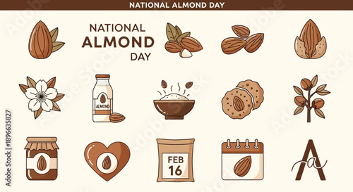 A collection of various almond-themed icons and illustrations celebrating National Almond Day on February 16th, featuring nuts, milk, butter, cookies, and a calendar.