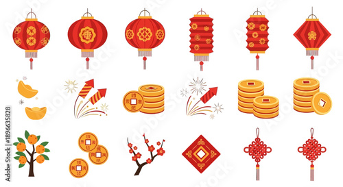 A collection of traditional Chinese New Year celebration elements including red lanterns, gold ingots, firecrackers, mandarin oranges, plum blossoms, and decorative knots.