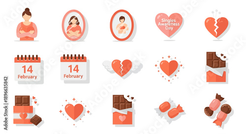 A collection of flat design icons related to Valentine's Day, love, pregnancy, and sweet treats like chocolate and candy.