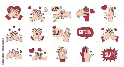 A collection of cartoon illustrations depicting various hand gestures, including clapping, high-fives, and playful slaps, with hearts and speech bubbles.