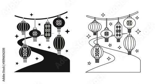 Asian lanterns pathway night scene illustration Vector