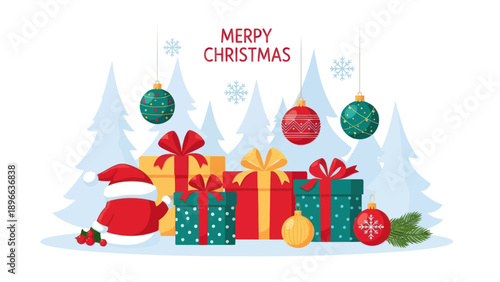 Christmas Gifts and Santa Hat Arrangement Festive Holiday Celebration.