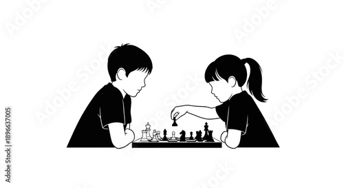 Two children playing chess, a strategic game of intellect and skill.