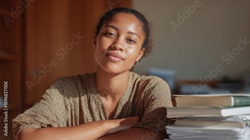 Portrait of a young african-american woman sitting at a desk with a stack of books in front of her. she is wearing a brown blouse with a floral pattern and has her arms crossed over her chest.