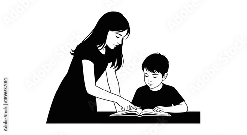 A mother is teaching her son to read in black and white illustration.