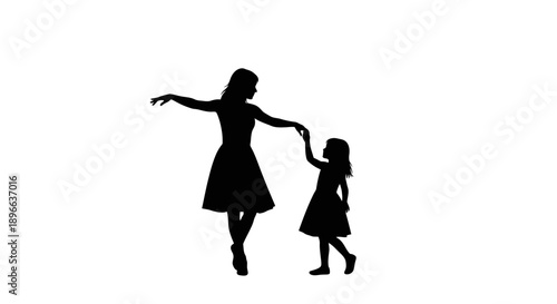 Silhouette of a mother and daughter holding hands, dancing together in harmony and love.