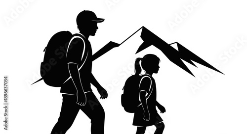 Father and daughter hiking together with backpacks in the mountains.