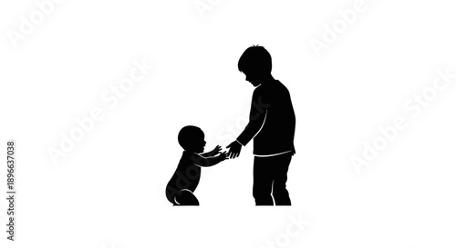 Silhouette of a man helping a kneeling child to stand up.