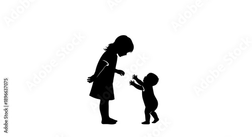 Silhouette of a girl reaching out to a baby on a white background.