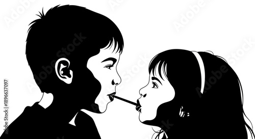 A boy and a girl sharing a lollipop in black and white illustration.