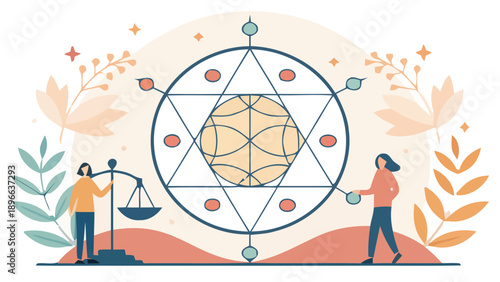 Woman interacting with modern geometric structure surrounded by plants