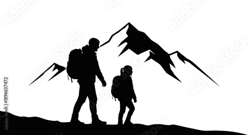 Silhouette of a couple hiking in the mountains, enjoying outdoor activities.