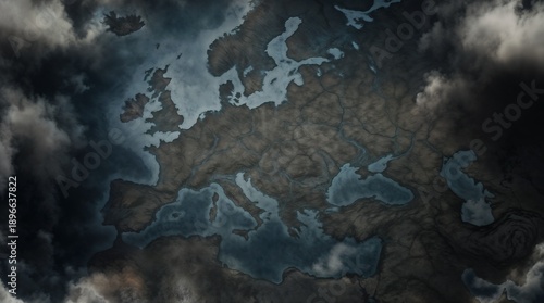 Dramatic aerial view of Europe map with stormy clouds representing geopolitical tension, crisis, uncertainty, and turbulent times. Dark blank european map.