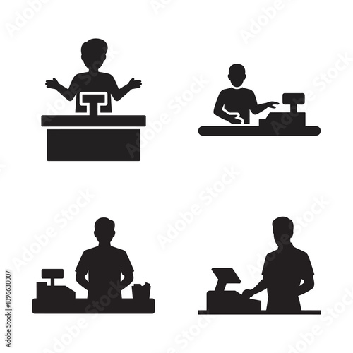 Four black silhouettes representing different poses of cashiers and clerks at a counter
