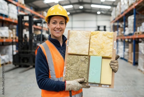 A smiling female worker in a warehouse, wearing a hard hat and vest, holds up a sample board of different insulation materials.