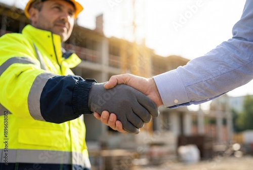 A construction worker in a high-visibility jacket and gloves shakes hands with a client or architect on a sunny construction site.