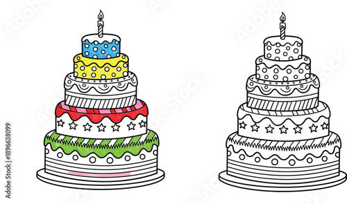 Hand drawn layered birthday cake vector illustration set. Black and white outline for coloring book page and colored version. Doodle party dessert with candle and decoration.