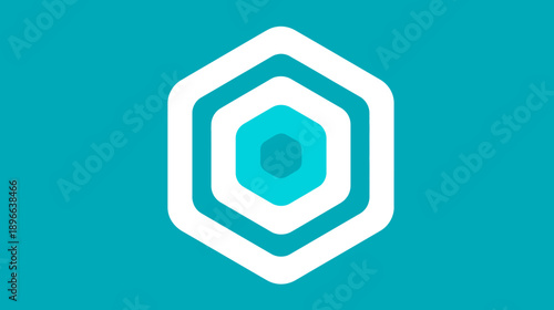 A geometric illustration featuring layered hexagonal shapes in shades of blue and white on a teal background