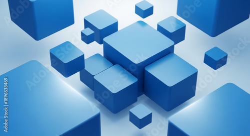 Blue 3d cubes of various sizes on a gradient background