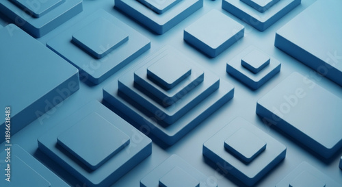 Blue 3d geometric shapes with chevron patterns on a gradient background