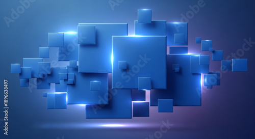 Glowing blue 3d puzzle pieces floating in dark space with neon lights