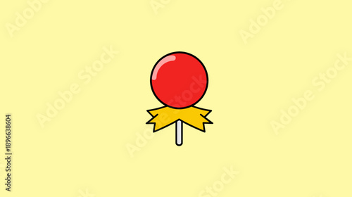 A simple, cartoon illustration of a red lollipop with a yellow bow and a white stick