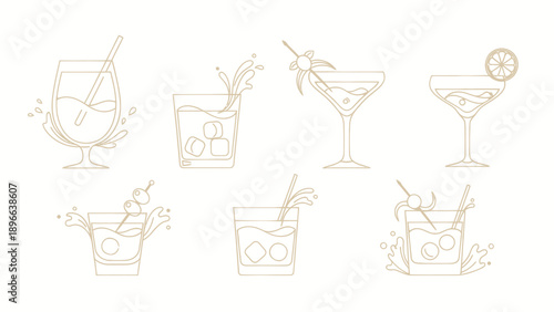 Collection of refreshing alcoholic beverages and cocktails in various glasses.