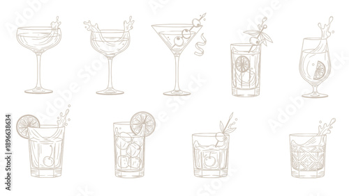 Collection of various alcoholic cocktails and drinks in different glasses.