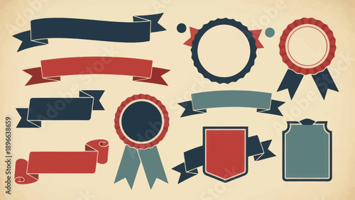 Collection of Vintage Ribbons and Badges for Design Elements.