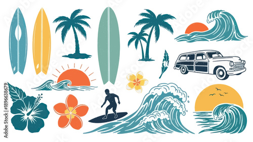 Collection of vintage surf and beach themed illustrations.