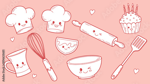 Cute Baking Utensils and Chef Hats with Kawaii Faces.