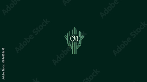 Minimalist logo design featuring a cactus-like structure with an infinity symbol. Deep green backdrop