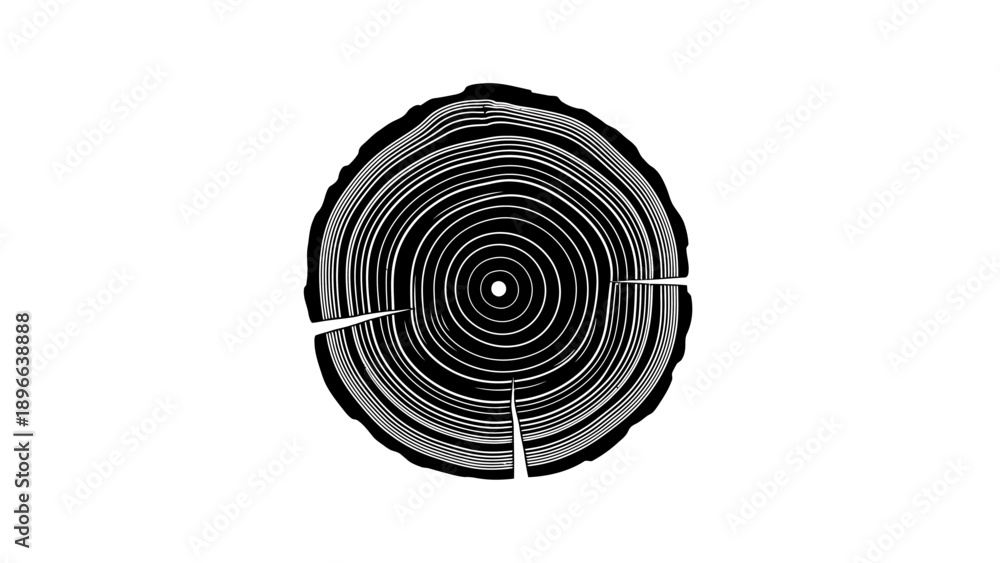 Fototapeta premium Monochrome illustration of a tree trunk cross-section with growth rings on white background.
