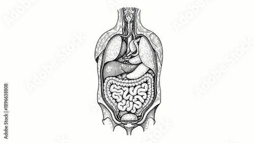 Detailed Anatomical Drawing of Human Torso with Internal Organs Displayed.