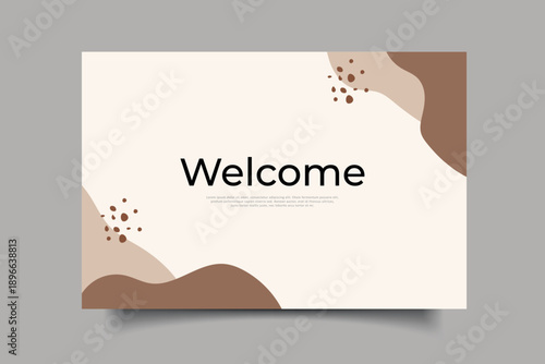 This modern welcome banner template features abstract, organic curved shapes in neutral earth tones like beige and brown, complemented by speckled dot textures for a contemporary and minimalist aesthe
