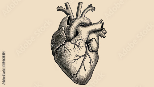 Detailed Anatomical Illustration of a Human Heart in Vintage Style.