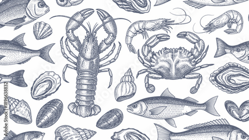 Delicious seafood assortment featuring lobster, crab, shrimp, and various fish species.