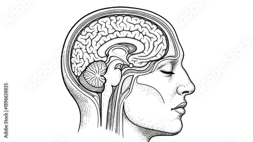 Detailed anatomical illustration of human brain and head in profile.