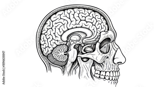 Detailed anatomical illustration of human brain and skull.