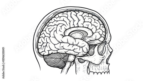 Detailed Anatomical Illustration of Human Brain within Skull Profile.