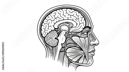 Detailed anatomical illustration of human head and brain.