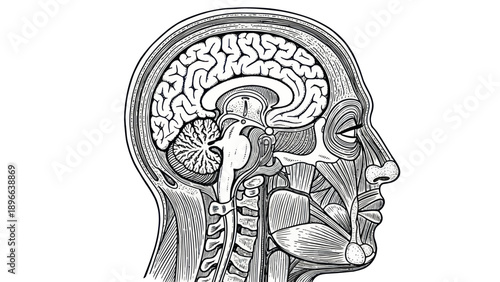 Detailed anatomical illustration of human head and brain.