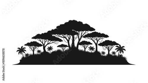 Black silhouette of trees and plants on a small hill, isolated on white background.