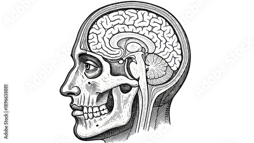 Detailed anatomical illustration of human head and brain.