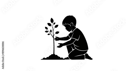 Illustration of a child planting a tree seedling, symbolizing environmental conservation and growth.