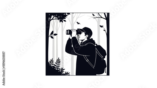 A man with a backpack is looking through binoculars in the forest.
