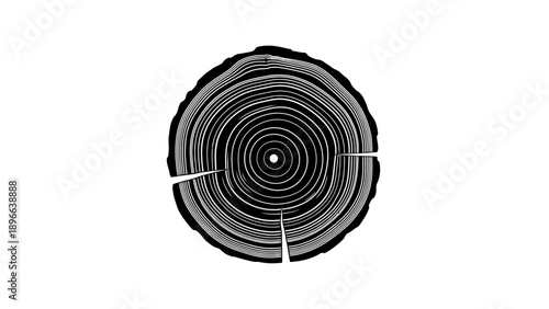 Monochrome illustration of a tree trunk cross-section with growth rings on white background.