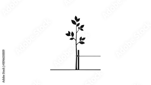 Simple line drawing of a sapling tree with support on white background.