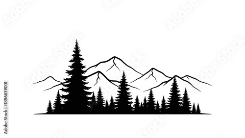 Monochrome vector illustration of a mountain range with pine trees in the foreground.